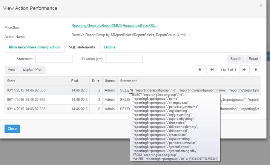 View Action Performance Database retrieve statement 